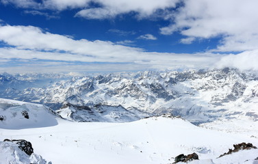 The view from the Klein Matterhorn (3,883 m) showcases the highest peaks of the Swiss Alps. Valais, Switzerland.