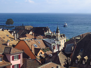 A ferry approaching the Swiss city of Nyon, from high point