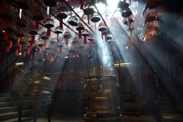 Jesus Light and the hanging incenses inside the Man Mo Temple in Hong Kong