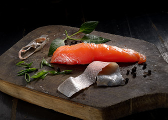 fresh  salmon on wooden cutting board