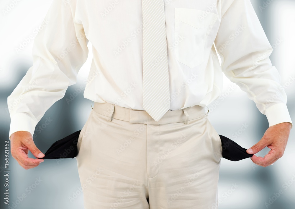 Poster man with white suit and with empty pockets. blurred background