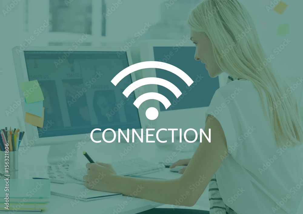 Poster connection text against woman with graphics tablet at computers