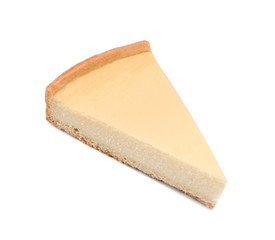 Piece of tasty homemade cheesecake on white background