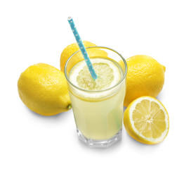 Delicious lemon juice in glass on white background