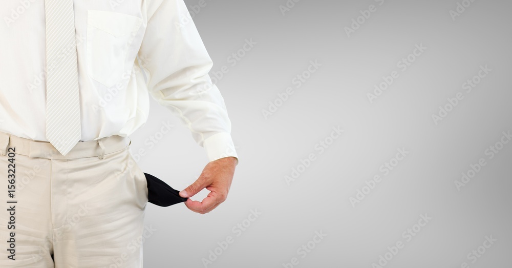 Poster man with white suit and with empty pocket. grey background
