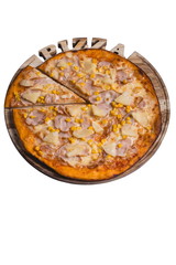Italian pizza with ham pineapple and corn. A series of different types of pizza for menus photographed from one angle