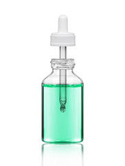 Cosmetic bottle with pipette on white background