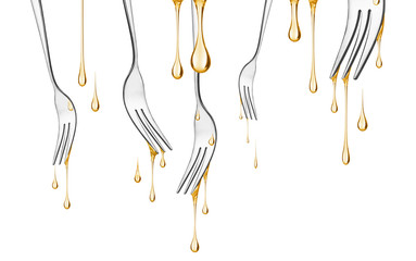  Forks with oil drips isolated on white background