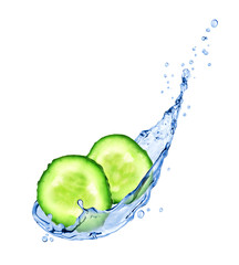 fresh slices of cucumber with water splashes isolated on white background