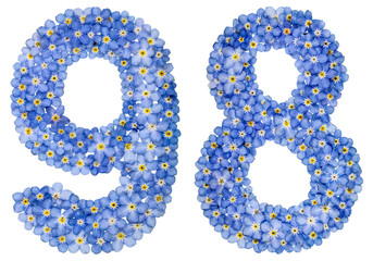 Arabic numeral 98, ninety eigh, from blue forget-me-not flowers