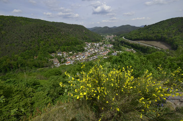 aussicht von der ruine der reichsfeste falkenburg bei wilgartswiesen in der südpfalz