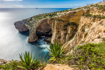 Malta - The beautiful cliff of the Blue Grotto with plants in front