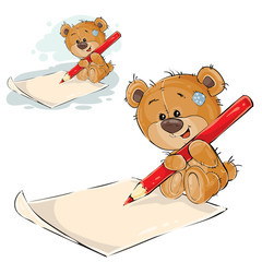 Vector illustration of a brown teddy bear holding a pencil in his paws and writing it on a paper. Print, template, design element, can be used for advertising, ads