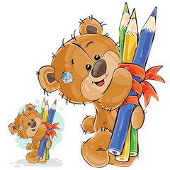 Obraz premium Vector illustration of a brown teddy bear holding in its paws a bunch of pencils linked by a ribbon. Print, template, design element