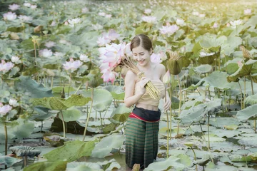 Fotobehang Lotusbloem woman with lotus flower  © venusvi
