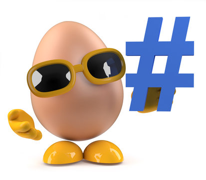 3d Funny cartoon egg character wearing sunglasses holding a hash tag symbol
