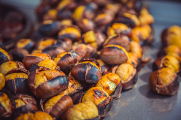 Fried chestnuts on the street. Street food. Istanbul, Turkey