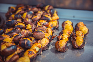Fried chestnuts on the street. Street food. Istanbul, Turkey