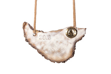 2018 new year,Wooden board on ropes on white isolated background