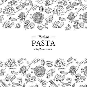 Italian pasta restaurant vector vintage illustration. Hand drawn engraved banner.