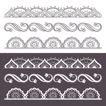 Ornamental seamless borders set. Vector set with abstract floral elements in indian style.