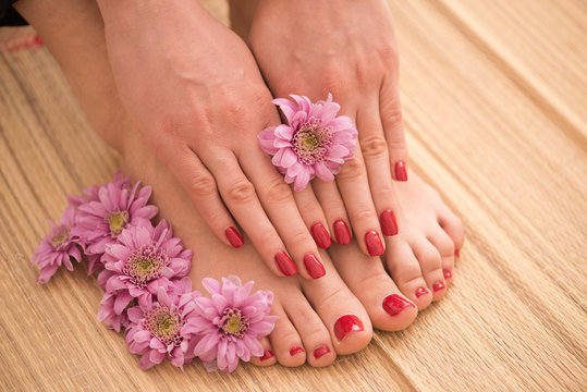 female feet and hands at spa salon