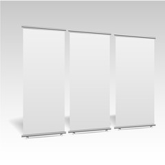 Blank roll-up banner display, isolated with clipping path. Blank trade show booth mock up.  Trade show booth . Vector 