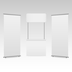 Blank roll-up banner display and blank promotion stands , isolated with clipping path. Vector
