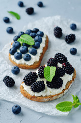 Blackberry and blueberry ricotta rye sandwiches