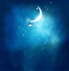 Obraz na płótnie Canvas Islamic greeting Eid Mubarak cards for Muslim Holidays.Eid-Ul-Adha festival celebration . Ramadan Kareem background.Crescent Moon and Lantern Lightning in sky