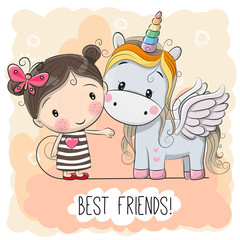 Cute Cartoon Girl and Unicorn