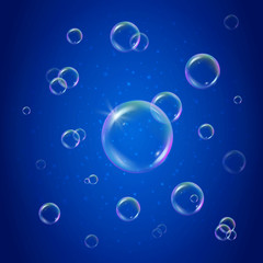 Shampoo foam on blue shiny background. Colorful realistic bubbles with rainbow reflection. Liquid cleaning soap foam for bath and shower. Blowing soap bubble spray for washing design flyer and banner