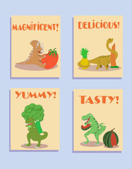 Cute hand drawn card, postcard with dinosaurs, fruits and vegetables. Background, cover design notebook for children in cartoon style