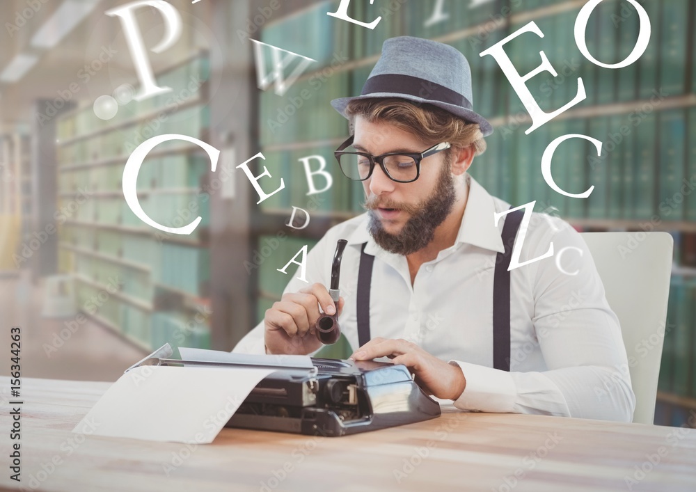 Poster hipster man on typewriter with letters in library