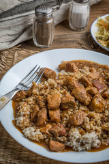 Barley groats with stewed meat.