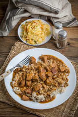 Barley groats with stewed meat.