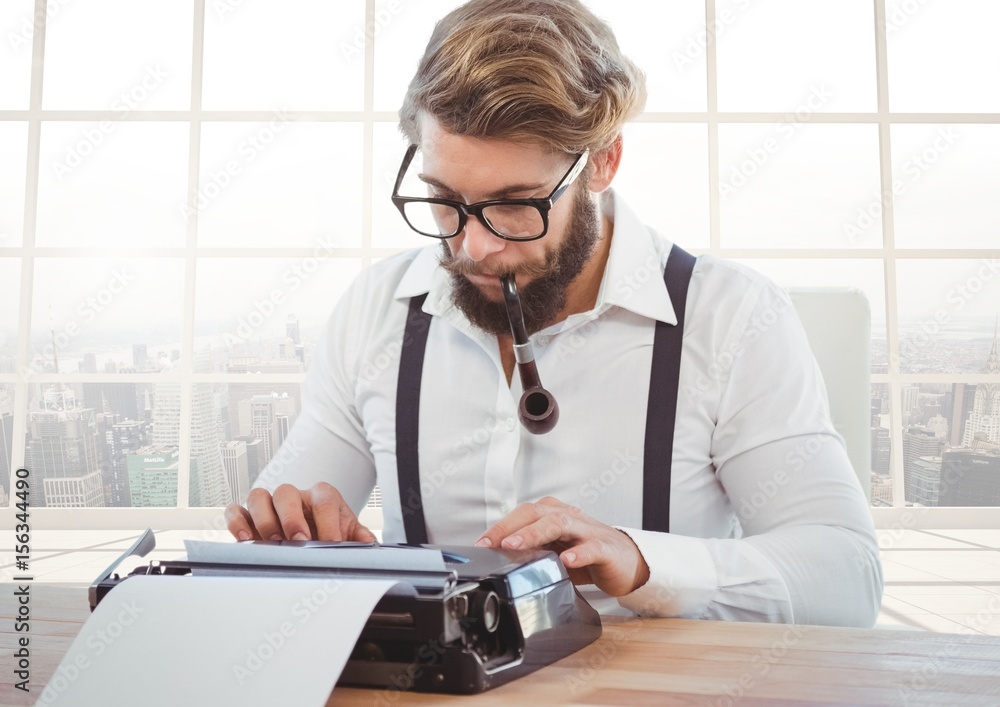 Poster hipster man on typewriter with bright windows