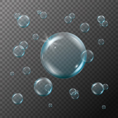 Shampoo or soap bubbles on transparent background. Swimming pool banner or flyer design. Grey plaid background with bath or shower bubbles. Isolated shampoo foam and cleaning detergent. Vector EPS 10.