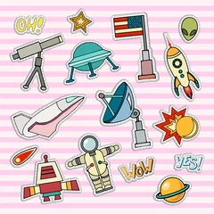Gardinen Space patch badges. Vector template illustration. Moon, planet, rocket, earth, cosmonaut comet universe Classification milky way Cosmos © lubashka