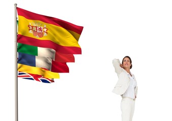 main language flags near young businesswoman