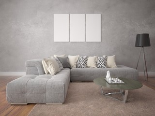 Mock up empty frame with modern stylish sofa on hipster background.