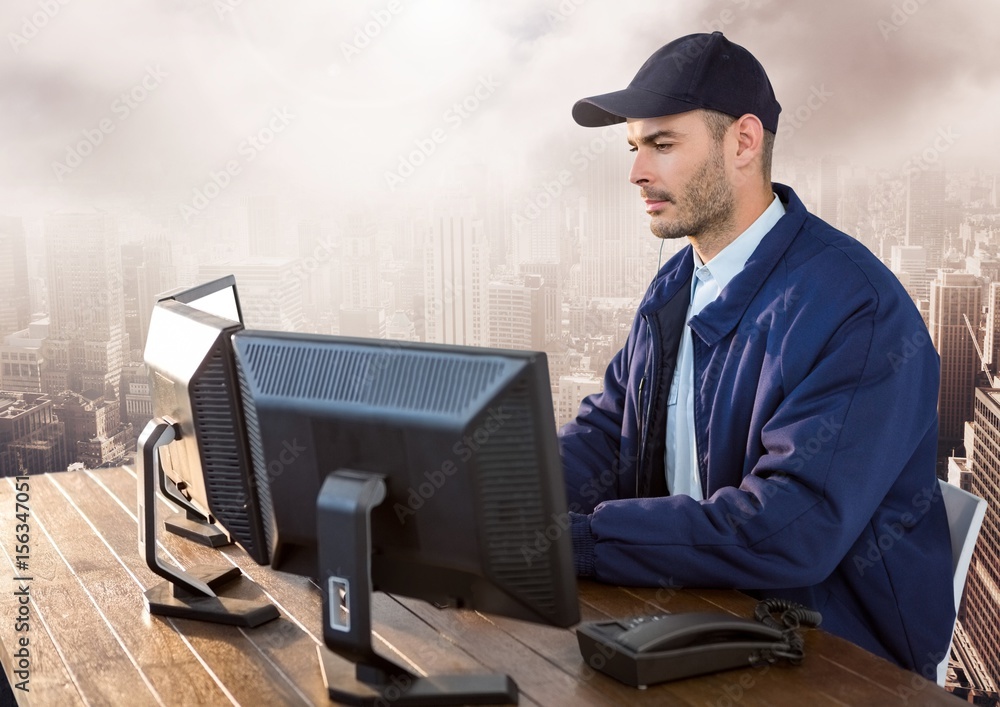 Poster security man on computer over large city