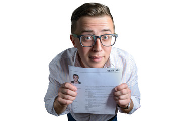 Funny guy (student, businessman)  looking for a job and holding his resume