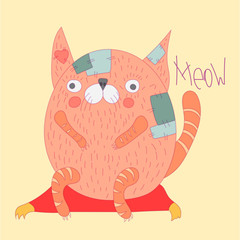 Cute hand drawn card, postcard with cat on the pillow. Background, cover design notebook for children in cartoon style