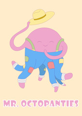 Cute hand drawn card, postcard with octopus and panties. Background, cover design notebook for children in cartoon style