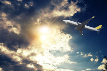 Airplane in the sky. Airplane in the sky. Copy space of business summer vacation and travel adventure concept. 