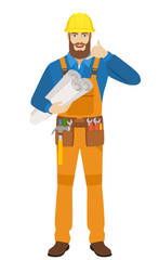 Worker holding the project plans and showing a call me sign