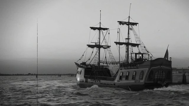 Retro recording of first trading round world expedition sailing on wooden ship