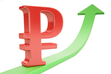 Growth green arrow with symbol of ruble, 3D rendering