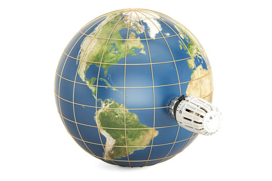 Earth globe with thermostatic radiator valve. Global warming concept, 3D rendering